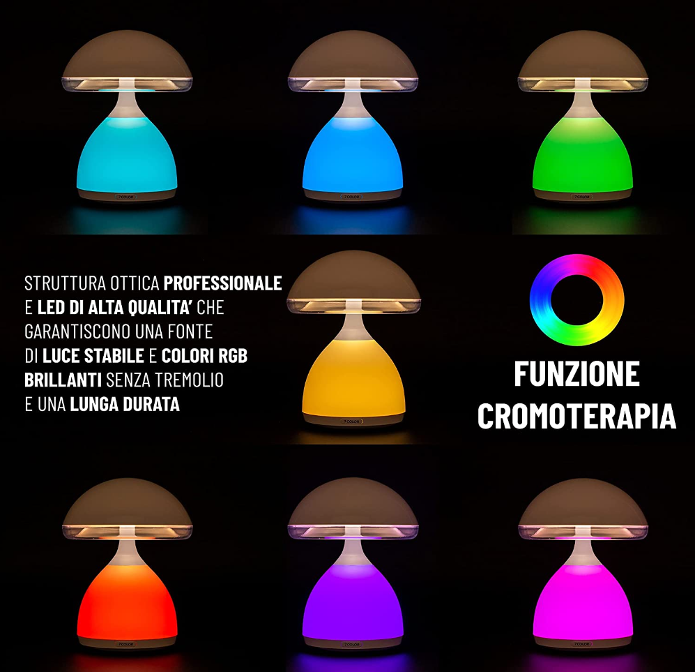 LAMPADA FUNGO LED 7 COLORI RGB CROMOTERAPIA TAVOLO COMODINO SENZA FILI